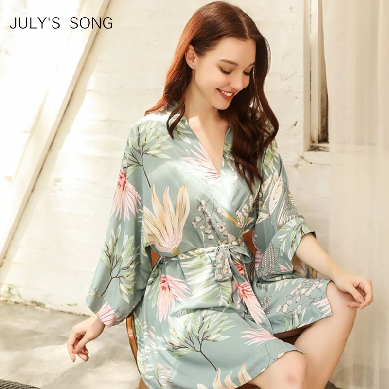 

July's Song New Sleepwear Robe Spring Summer Thin Viscose Women Nightgown Flower Printed Long-Sleeve Pajamas Bathrobe for Female