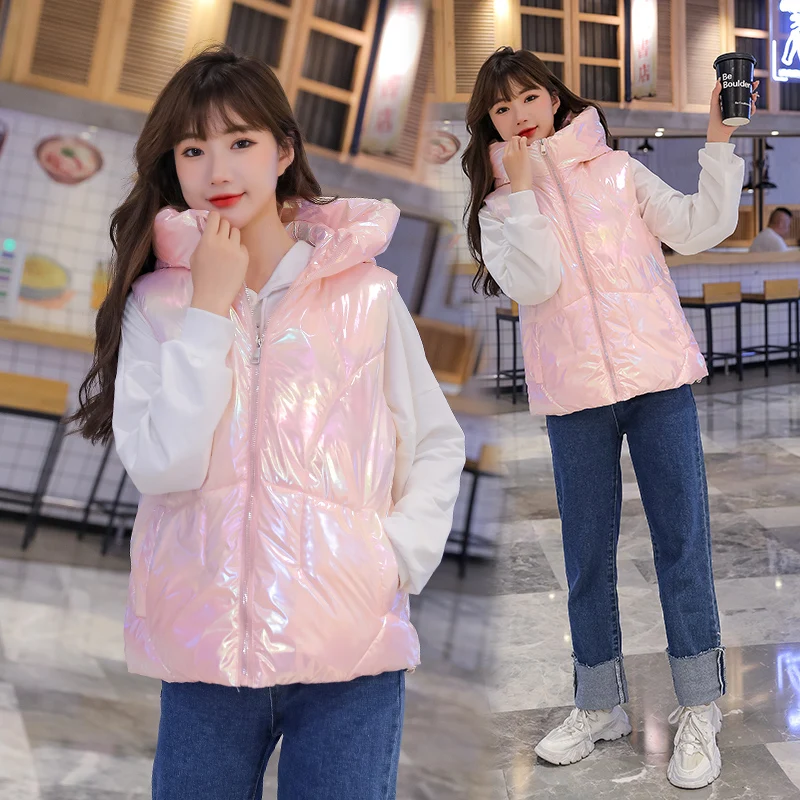 

New 2021 Winter Vest Jacket Warm Hooded Fashion Thick Vests Women Coat Female Waistcoat Loose Sleeveless Outerwear Pink White