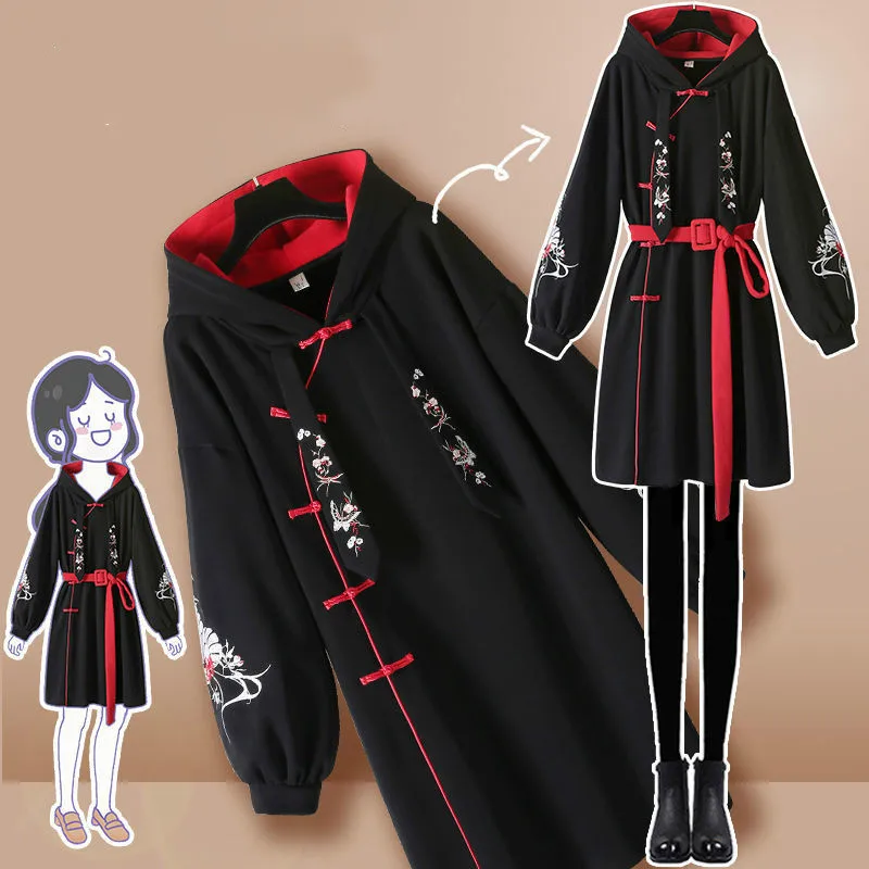 Женское платье Новый размера плюс весеннее с вышивкой ретро худи китайский Стиль