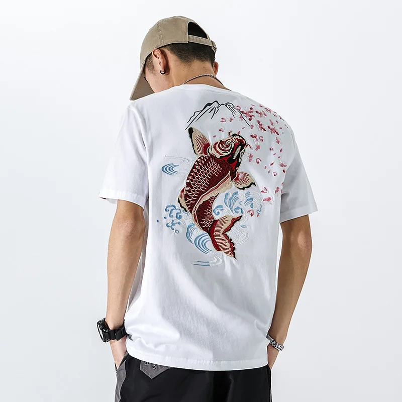 

Guochao heavy craft men's short sleeve T-shirt pure cotton embroidery youth t-shirt fashion Guochao loose leisure short T-shirt