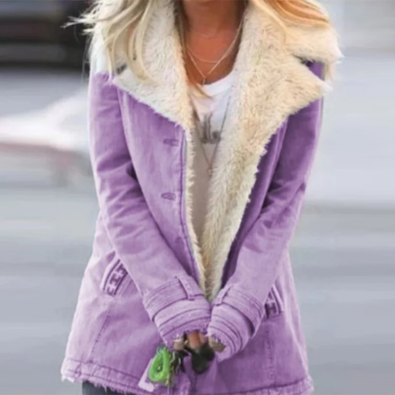 

Women Casual Solid Cotton Liner Warm Coat Autumn Winter Long Sleeve Thick Jacket Female Vintage Turn-Down Collar Pocket Outwear