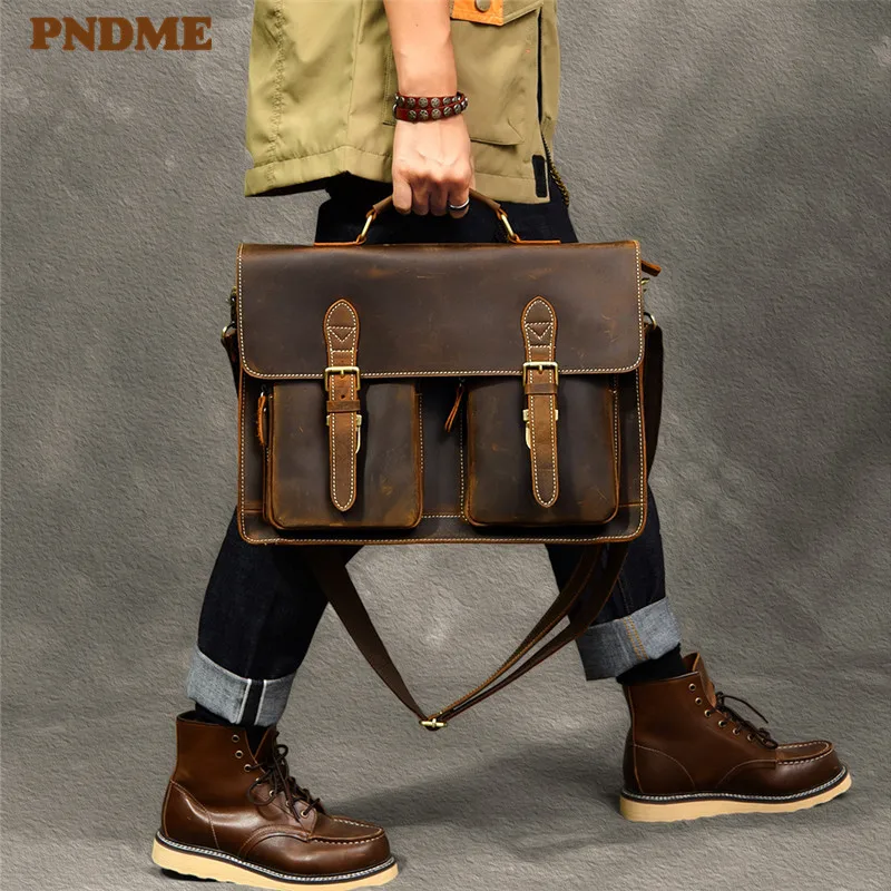 High quality natural crazy horse cowhide men briefcase brown handbag retro genuine leather lawyer laptop shoulder messenger bag