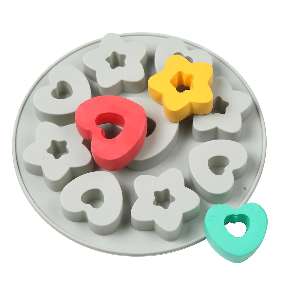 

2021 New 9-Hole Doughnut Silicone Mold Hollow Pentagram&Heart-Shaped Cake Mould Pudding Jelly Decoration Baking Tools