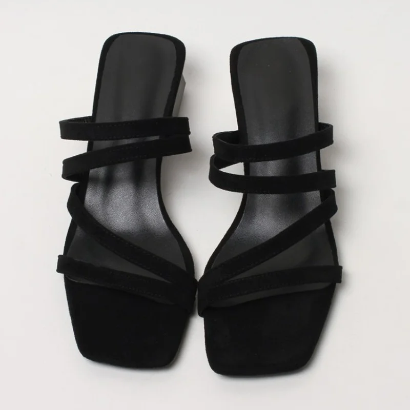 

Women Slippers Med Heels Pu Peep Toe Slip on Square Heel Narrow Band Outside Casual Summer Adult 2021 New Sexy Fashion Black