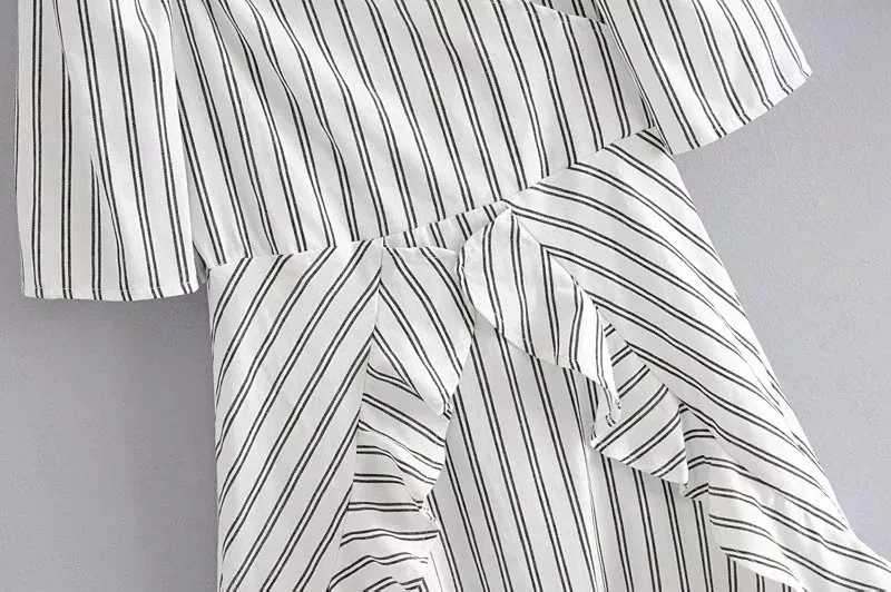 

Fashion Women Striped Dress Mini Ruffles Patchwork Aline Sexy V-neck Puff Sleeves Designer Summer Lady's Sundress Party Vestidos