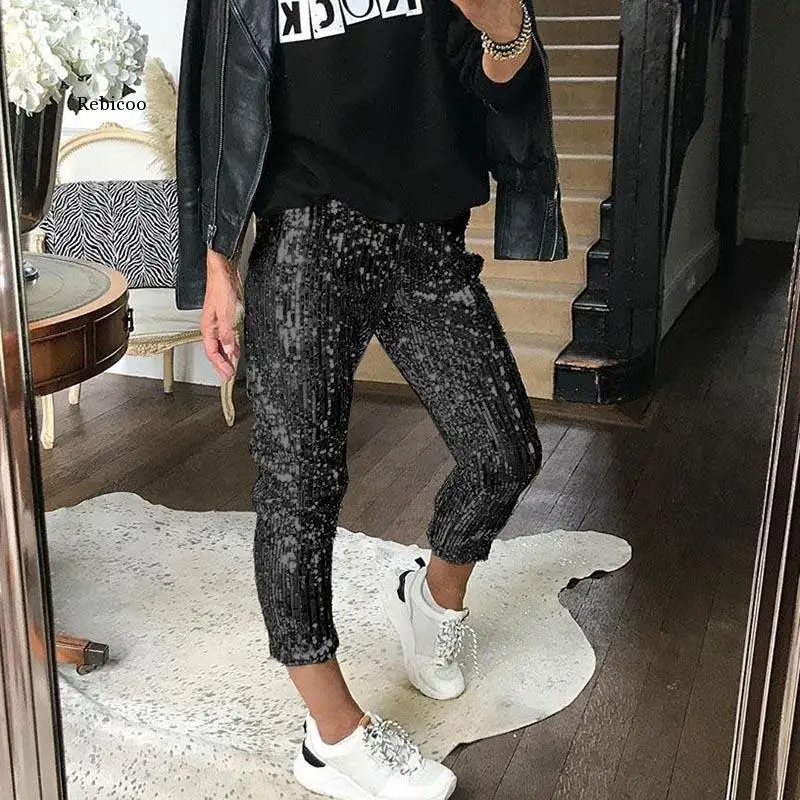 

Women Loose Sequin Glitter Calf-Length Pants Autumn Winter Casual Elastic Waist Solid Pencil Bottom Pants