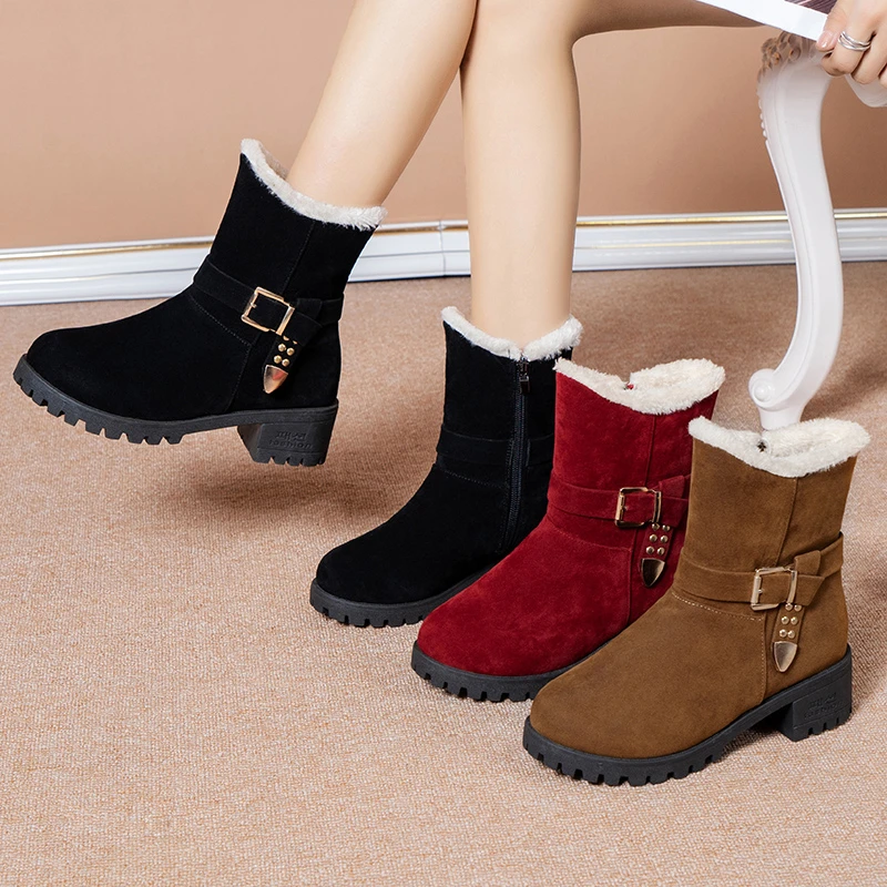 

Ankle Boots For Women New Thick Plush Snow Boots Fashion Zipper Warm Winter Shoes Women High Heels Comfortable Non-slip Booties