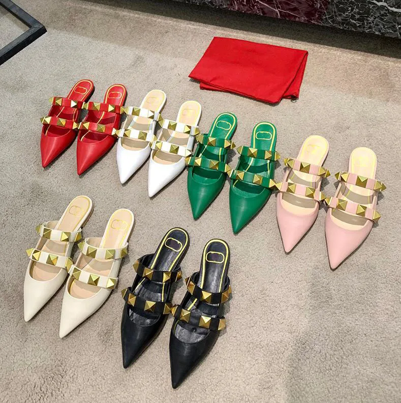 

2021Gold Rivet Sandals Luxury Designers Women Slippers Flat Heel Sliders Calfskin All-match Stylist Shoes 6.5cm High Heels