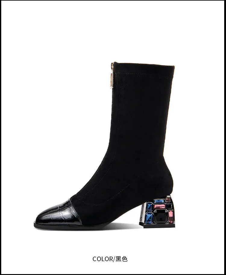 

Net red thin boots women's 2020 autumn/winter new short water drill with mid-sleeve half fashion thick heel elastic boots