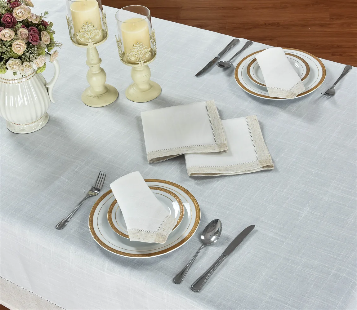 

RD21045 Elegant & Linear Hemstitched Tablecloths, Set with 6 napkins, Table decoration, Hotel Home Airbnb Restaurant