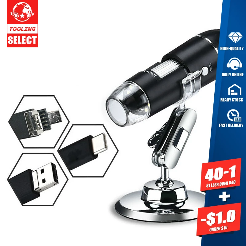 

2MP 1600X Adjustable Digital Microscope 1080P HD Electronic Magnifier 8 LED Type-C/Micro USB Stereo USB Endoscope For Phone PC