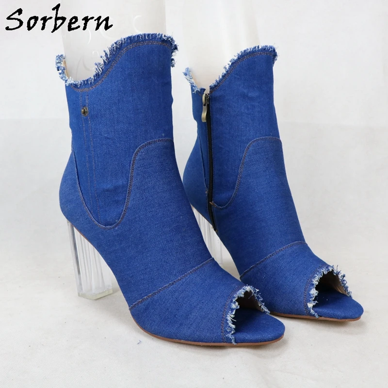 Sorbern Blue Demin Ankle Boots Women Chunky High Heels Open Toe Transparent Heels Female Shoes Custom Plus Size 15 Block Heel