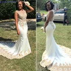 Белое Атласное Золотое кружевное свадебное платье-Русалка E JUE SHUNG с аппликацией, 2020, прозрачные свадебные платья, платья для невесты