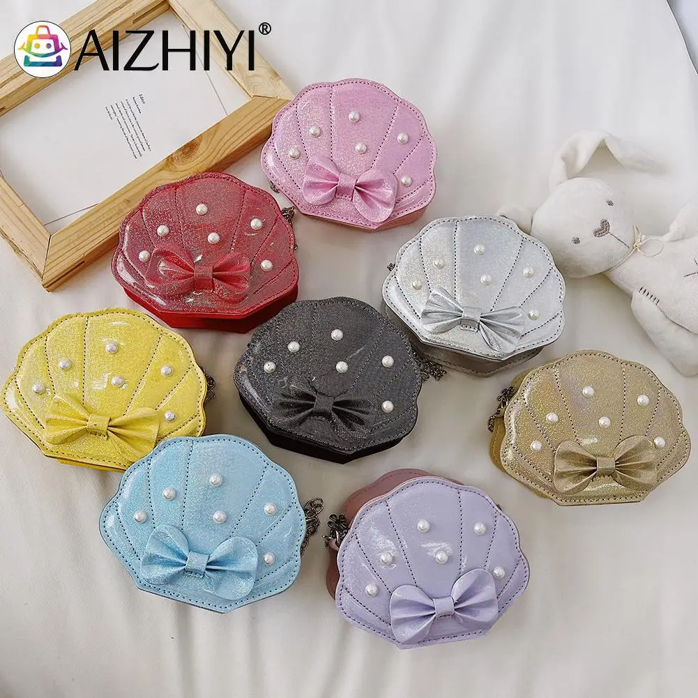 

Vintage Women Shell Shape Pearl Bowknot Shoulder Crossbody Bag Casual Children PU Leather Chain Small Handbags Purse