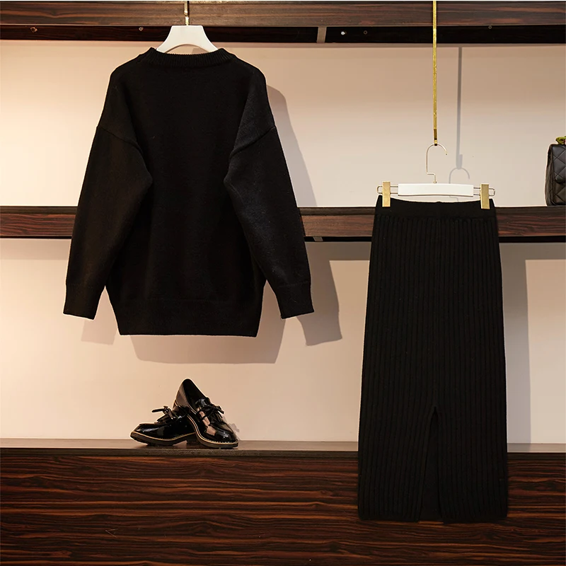 

New Winter Fashion Two Pcs Clothing Set Pullover Knitted Sweater & Black Skirt Suits Outfit Knitwear Suit Leisure Size L -4XL