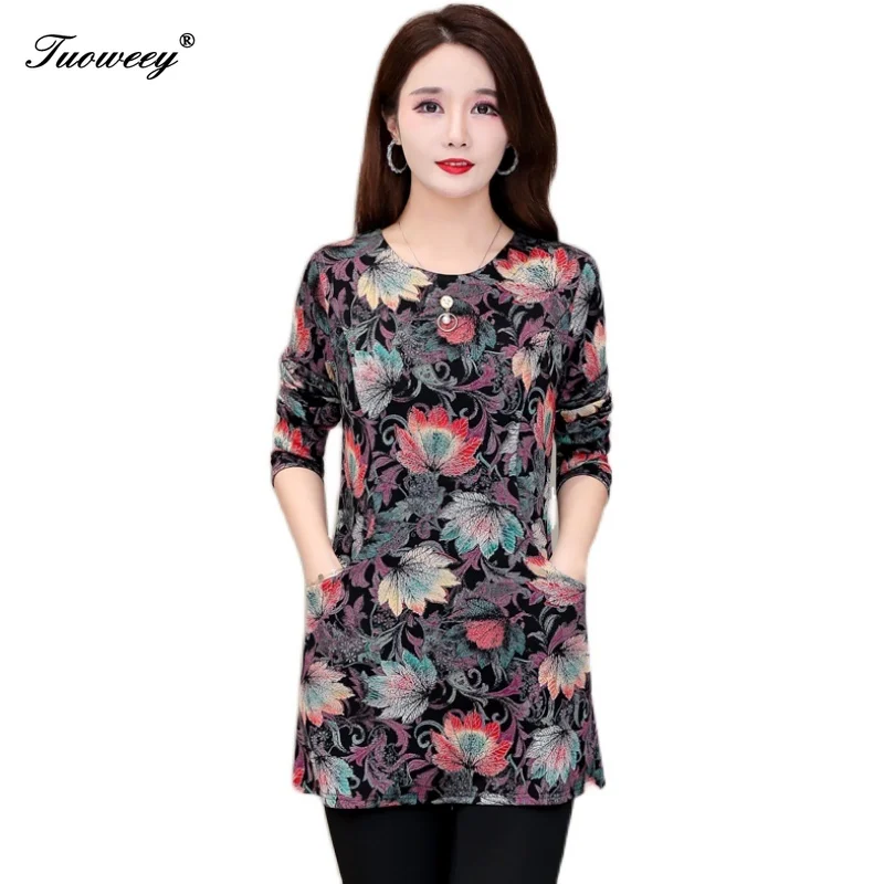 

2020 spring stye Women's Shirts red plus size 5XL o neck Split elegant blusas Women Blouse Fashion New floral mother tops