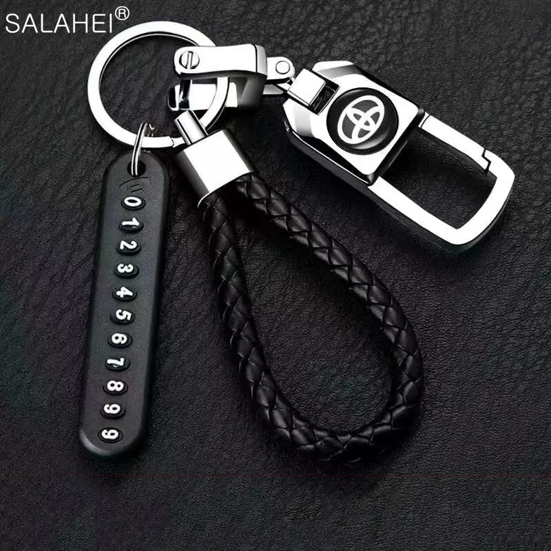 

1PC Metal Anti-Lost Number Plate Braided Rope Car Emblem Keychain For Toyota Camry corolla crown Auris C-HR Auto Accessories