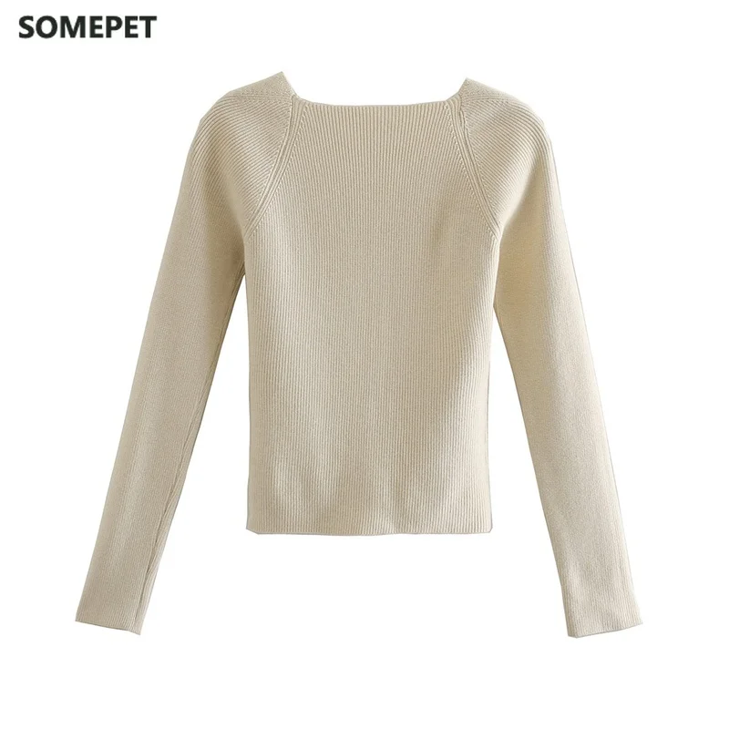 

Women 2021 Fashion Stretch Slim Cropped Knitted Sweater Vintage Heart-shaped Collar Long Sleeve Female Pullovers Streetwear