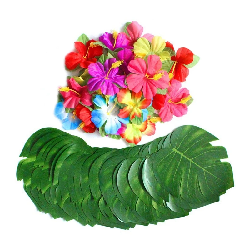 

60 шт., тропические праздничные украшения, 8 дюймов, тропическая ладонь листья монстеры и цветы гибискуса, имитация листьев для Гаваи