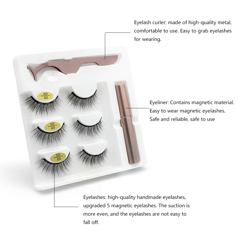 

3 pairs magnetic eyelash eyeliner eyelash curler set 3D natural long magnetic false eyelashes with magnetic eyeliner waterproof