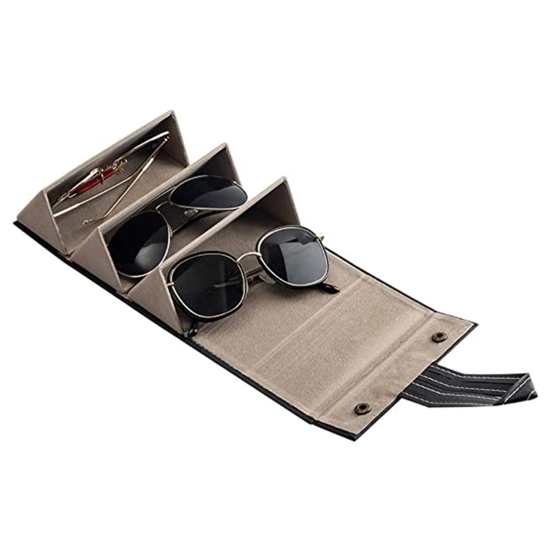 

3 Slots Foldable PU Leather Sunglasses Eyeglasses Travel Organizer Case Display