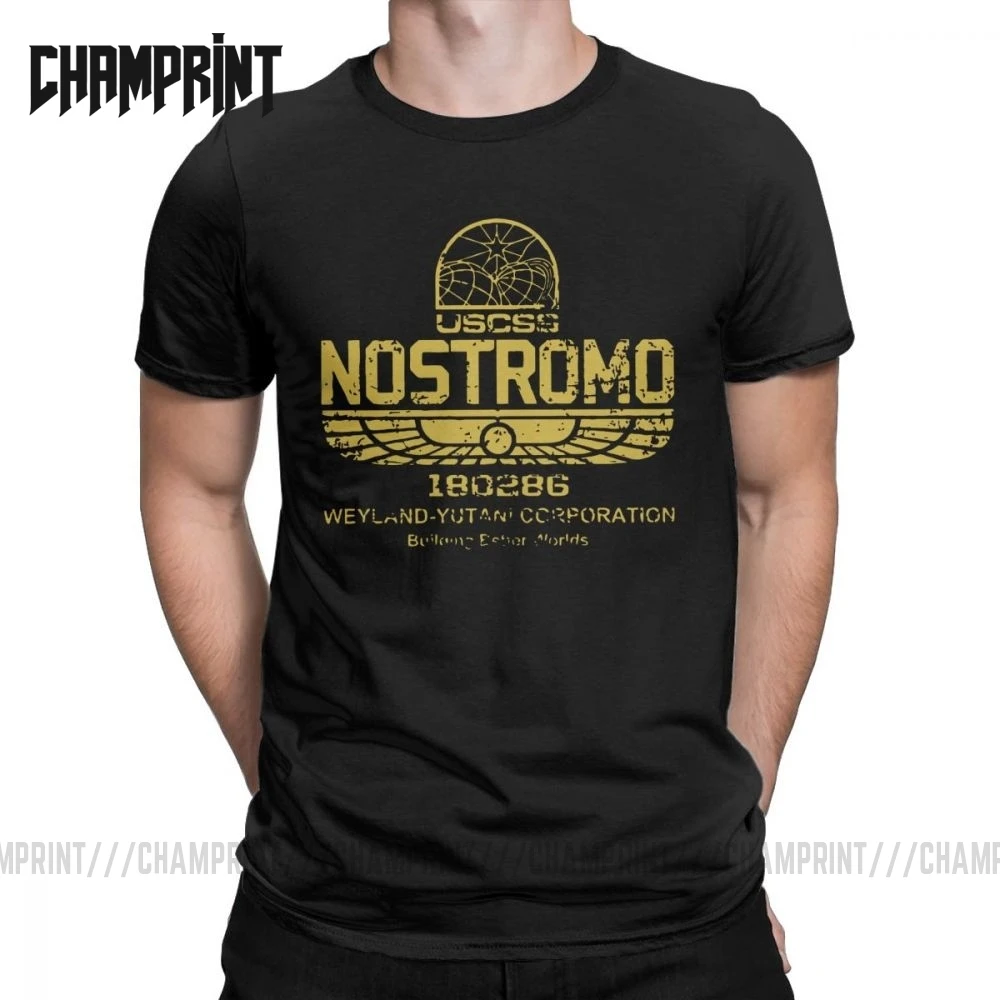 Винтаж иностранцев Nostromo золотистым логотипом футболки Для мужчин с круглым