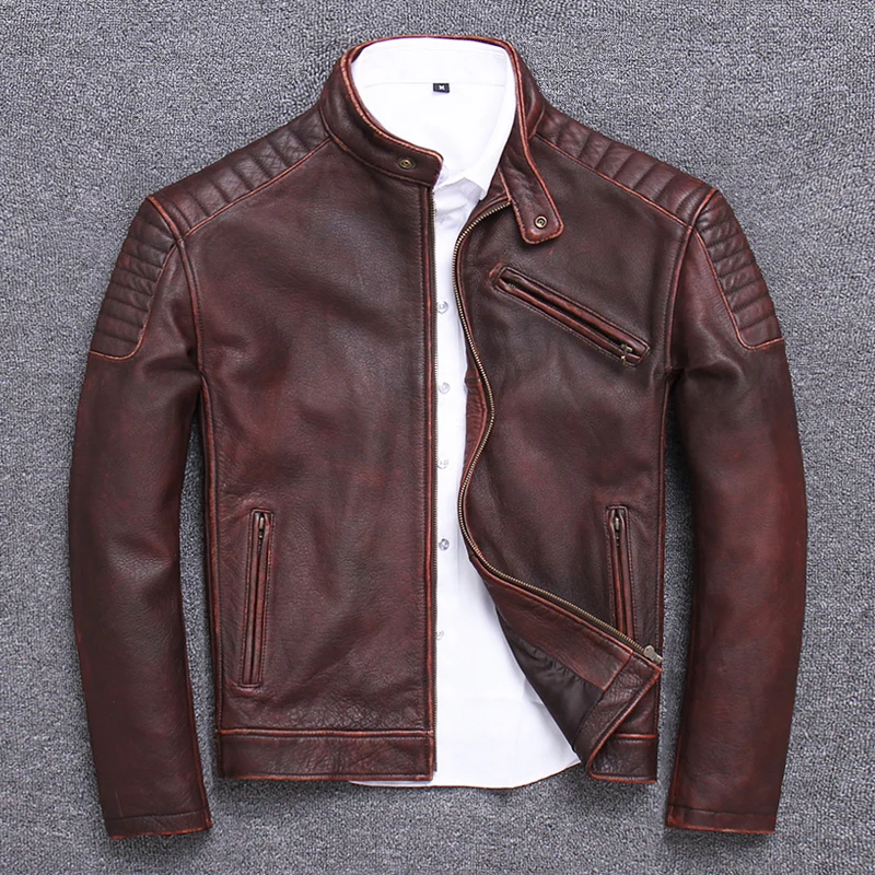 red Tcyeek Genuine Leather Jacket for Men Fashion Cow Leather Coat Streetwear Men's Moto& Biker Coats Slim Casaco U-1806 - Цвет: red