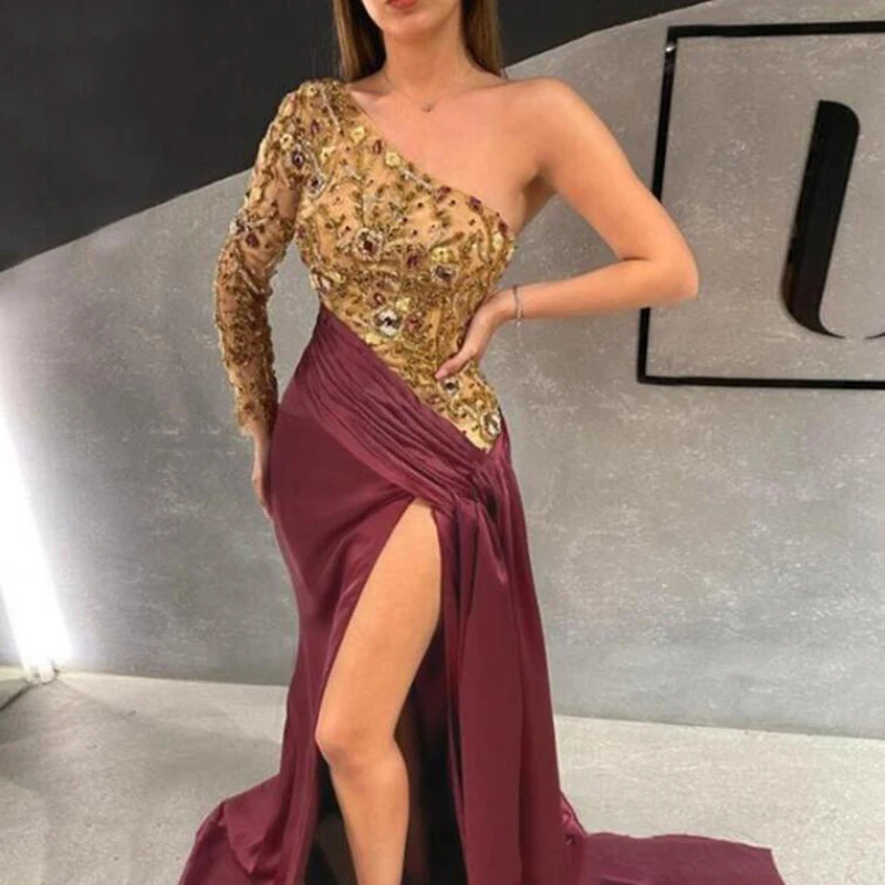 

Newest Saudi Arabia Evening Dresses Elegant One Shoulder Mermaid Dubai Prom Gowns with Long Sleeve Side Slit beaded Prom Dresses