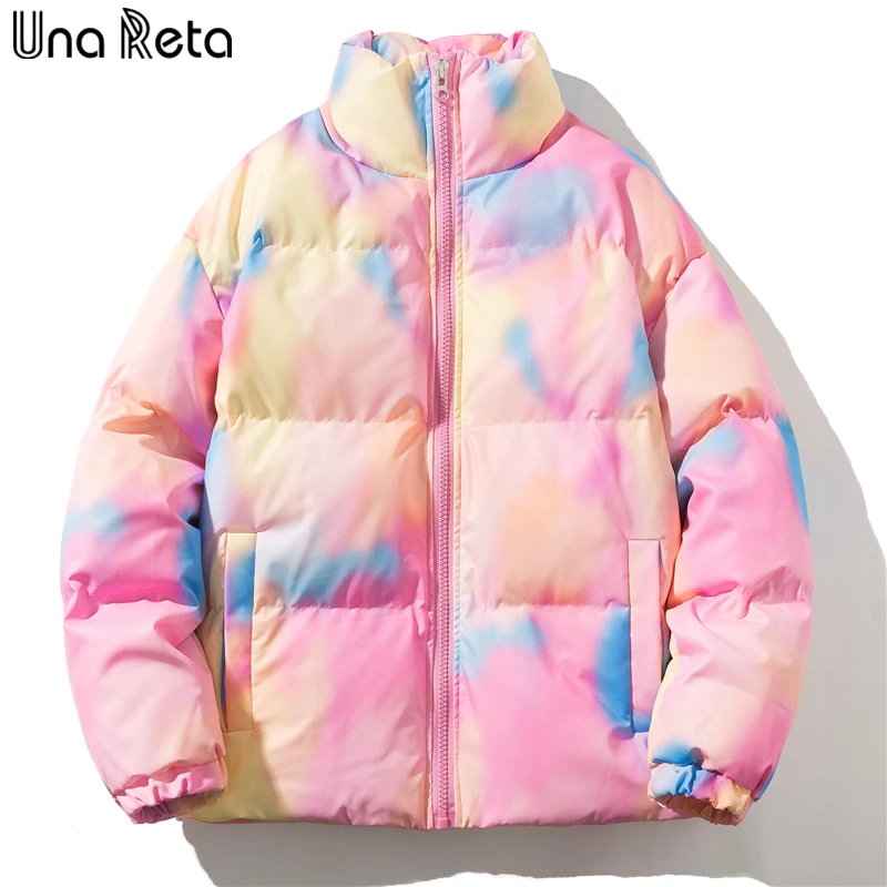 

Una Reta Pink Tie Dye Winter Jacket Men New Zipper Cotton Parka Coat Men Clothing Long Sleeve Zipper Couple Jackets