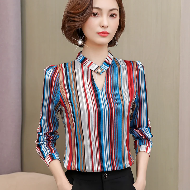 

New Print Chiffon Blouse Women Shirt Long Sleeve Plus Size Office Lady Shirt Women Tops Stripe Women's Clothing Blusas 0092 40