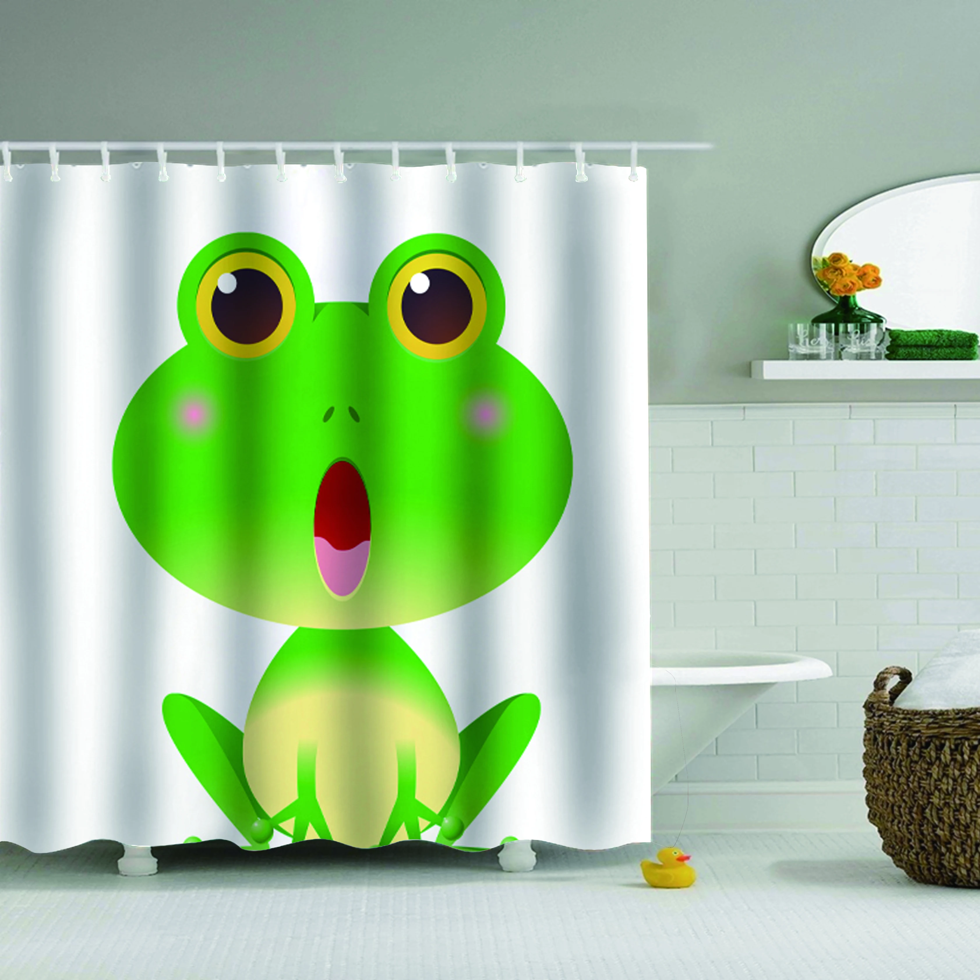 Dafield Shower Curtain Frog Funny Animal Green Cute With Lotus Cartoon Buttefly On The Branch Of Tree | Дом и сад