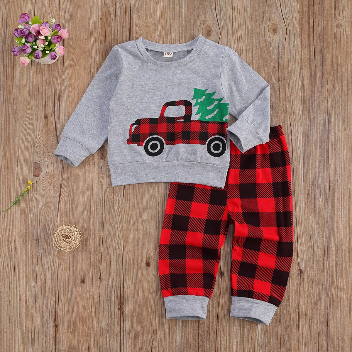 

2 Pcs Infant Christmas Outfits Toddler Long Sleeve Round Neck Cartoon Car Print Pullover Plaid Trousers Baby Clothes Christmas