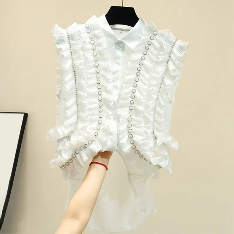 CHICEVER Повседневная шифоновая Лоскутная Женская рубашка с оборками и отворотом