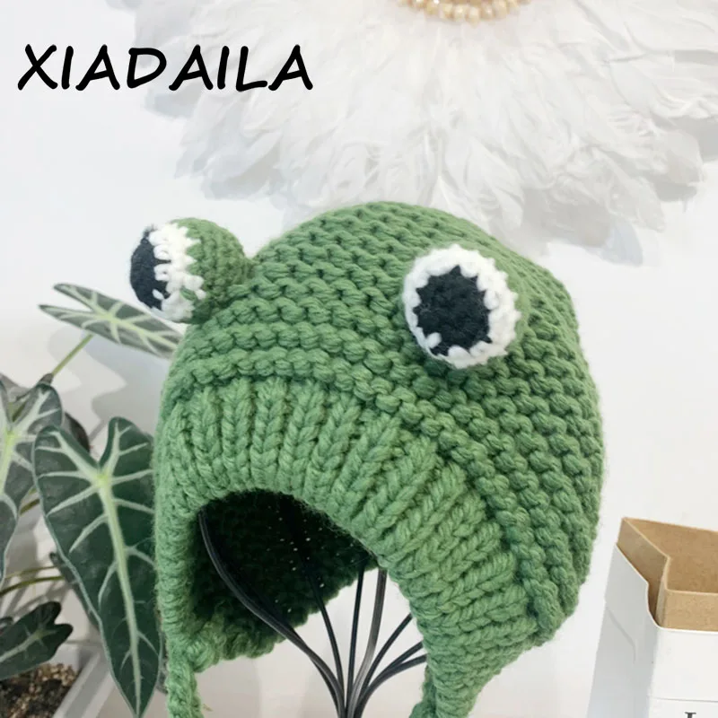 2020 women's hats winter with pompon Cute Frog Hat Crochet Large Knitted for girls Costume Beanie christmas fashion Hats Cap