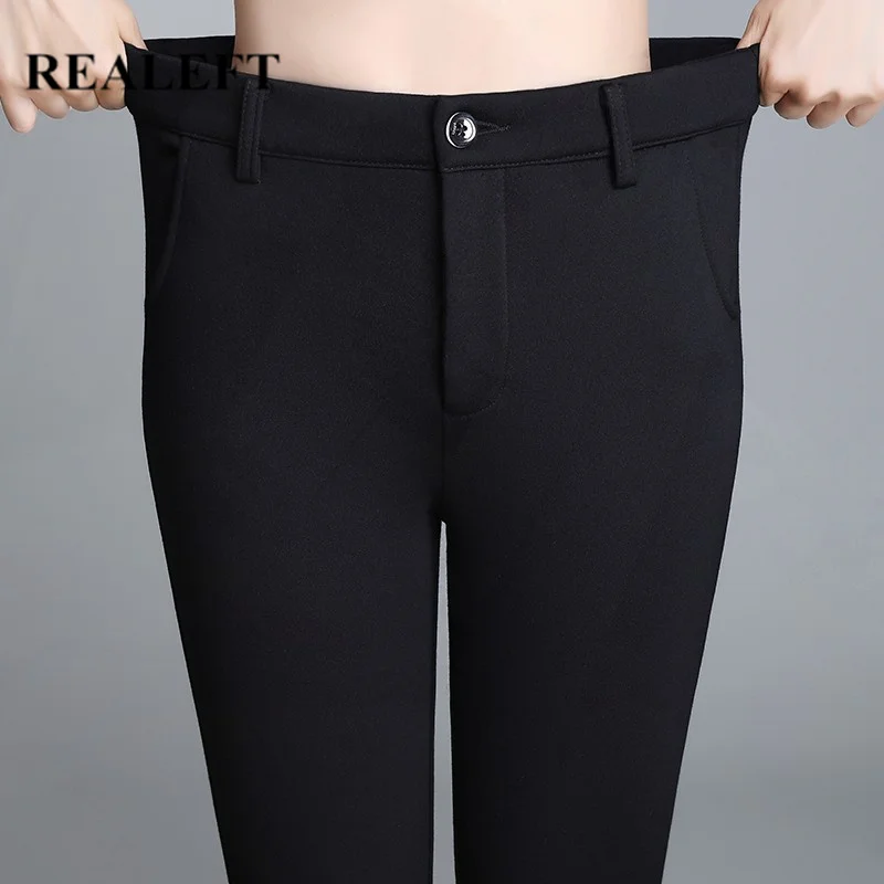 

REALEFT 2021 New Autumn Winter Black Flare Pant Skinny Velvet Wool Leggings Women Trousers Solid Pencil Pants Female Office