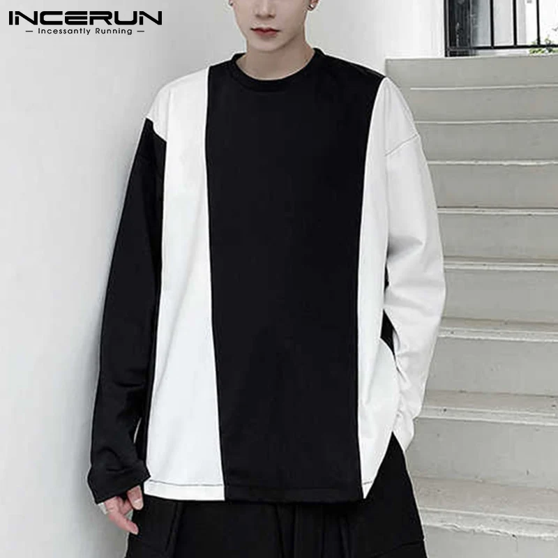 Fashionable Tops 2021 New Men's Casual Wear All-match Tees Long Sleeved Stitching Color Round Neck Loose T-Shirts S-5XL INCERUN