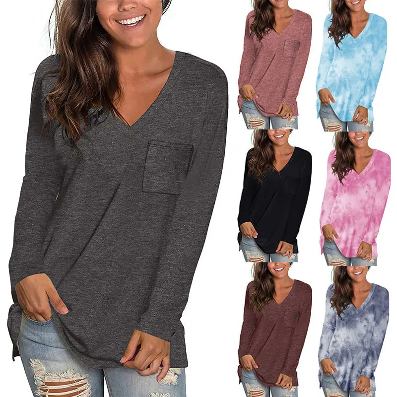 

2020 Women TShirt Pocket Spring Autumn Top Casual Long Sleeve T-shirt Female Street Shirt Plus Size 2XL