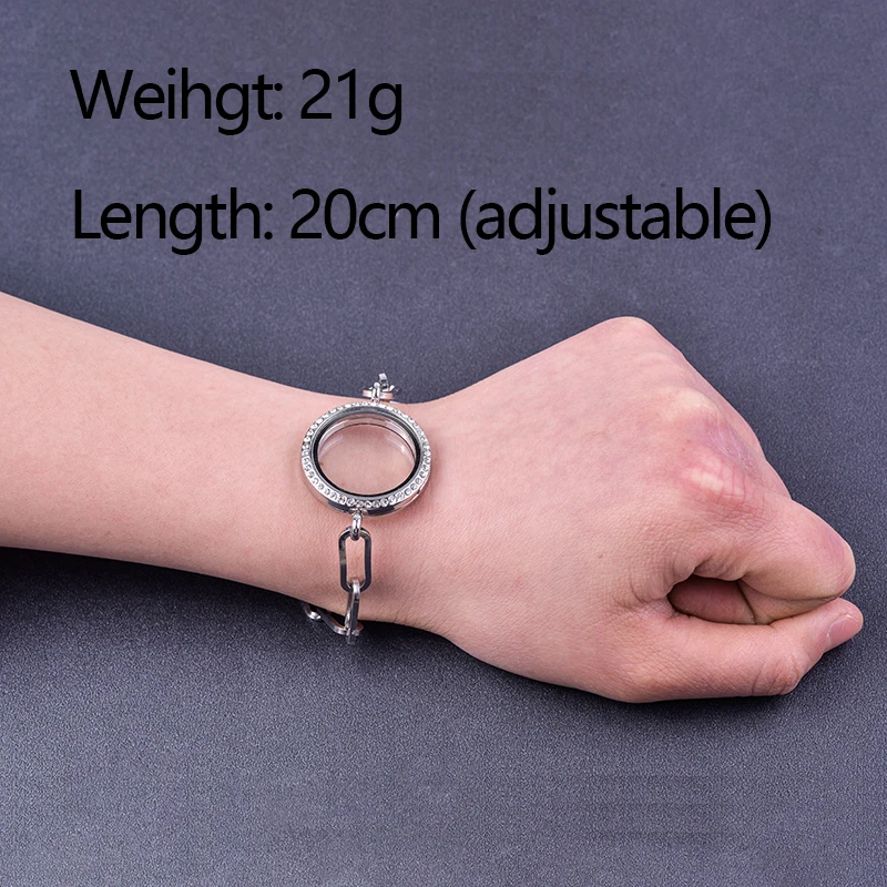 

3Pcs Simple Round Clear Glass Living Memory Double Layer Chain Locket Bracelet Women Temperament Party Gift Jewelry