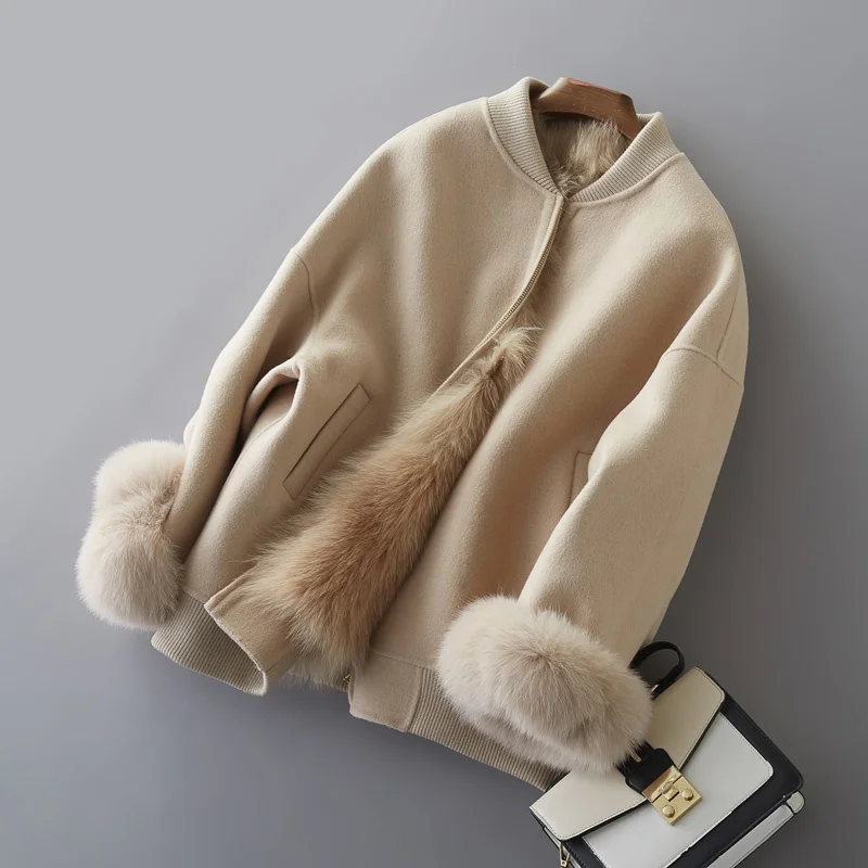 

Real Wool Coat Female Jacket Autumn Winter Jacket Women Fox Fur Liner Alpaca Woolen Coats Korean Outwear MY3913