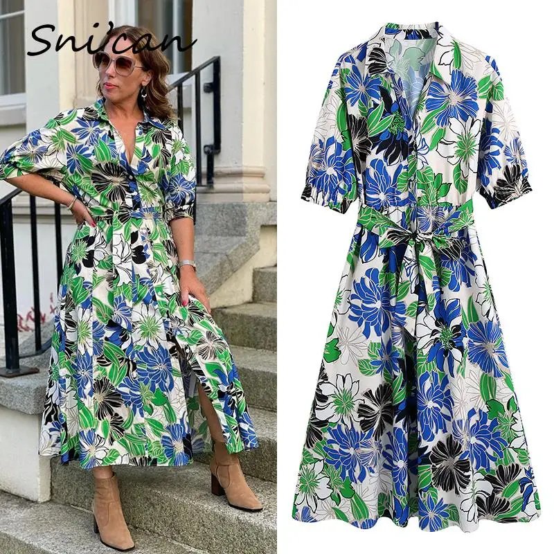 

Floral Female Shirt Dress Sashes Plus Size Casual Midi Dresses Za 2021 Women Summer Sukienka Letnia Robe Chemise Femme Outwear