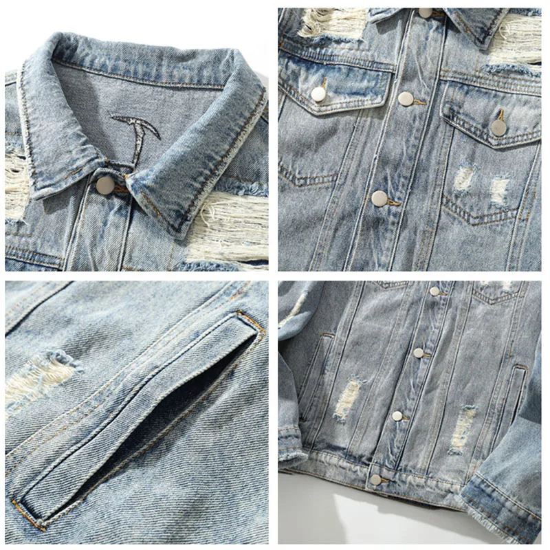 

SEVEYFAN Men's Denim Jacket Sleeve Zipper Hip Hop Loose Hole Neutral Denim Jacket Distressed wash coat