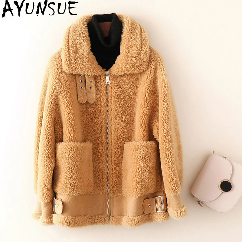 Fur Coat Female Winter Motorcycle Sheep Shearling Jacket Women Wool Coats Short Casual Jackets Manteau Femme Gxy198