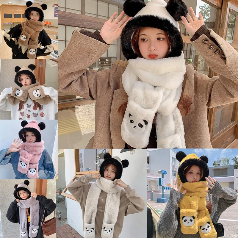 

Bear Ear Hat Scarf Panda Women Fashion Plush Thick Plush Hat Ladies Winter Warm
