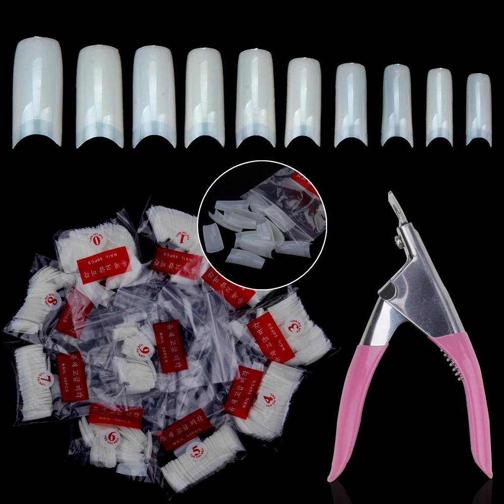 

500Pcs/Bag Artificial Nail Capsule Acrylic Tips With Cutter Clippers Full Cover White False Nails Practice Transparent Manicure