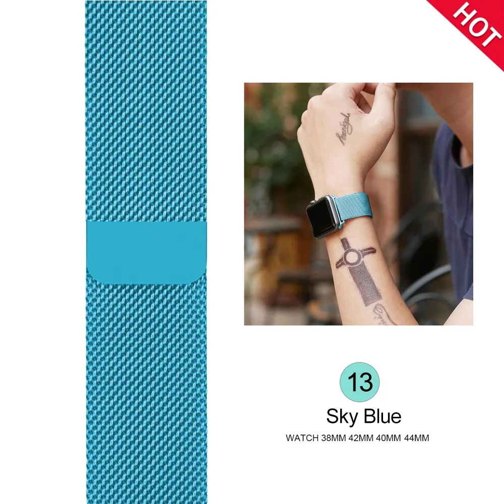 Sky blue Ремешок для часов, Миланская петля, ремешок для наручных часов apple watch, ремешок 42 мм/38/44/40 мм нержавеющая сталь металлический браслет ремешок для наручных часов iwatch, версия 4/3/2/1 - Цвет ремешка: Sky blue