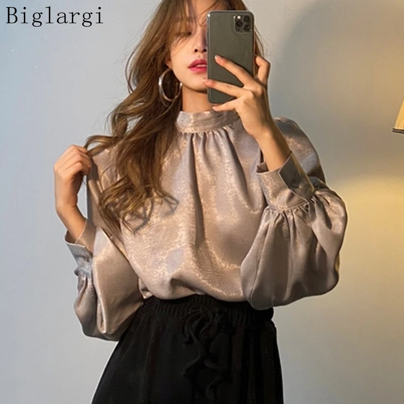 

Блузка Женская атласная с длинным рукавом-фонариком, рубашка в Корейском стиле, элегантная офисная одежда, винтажный Дамский Топ, весна-осе...