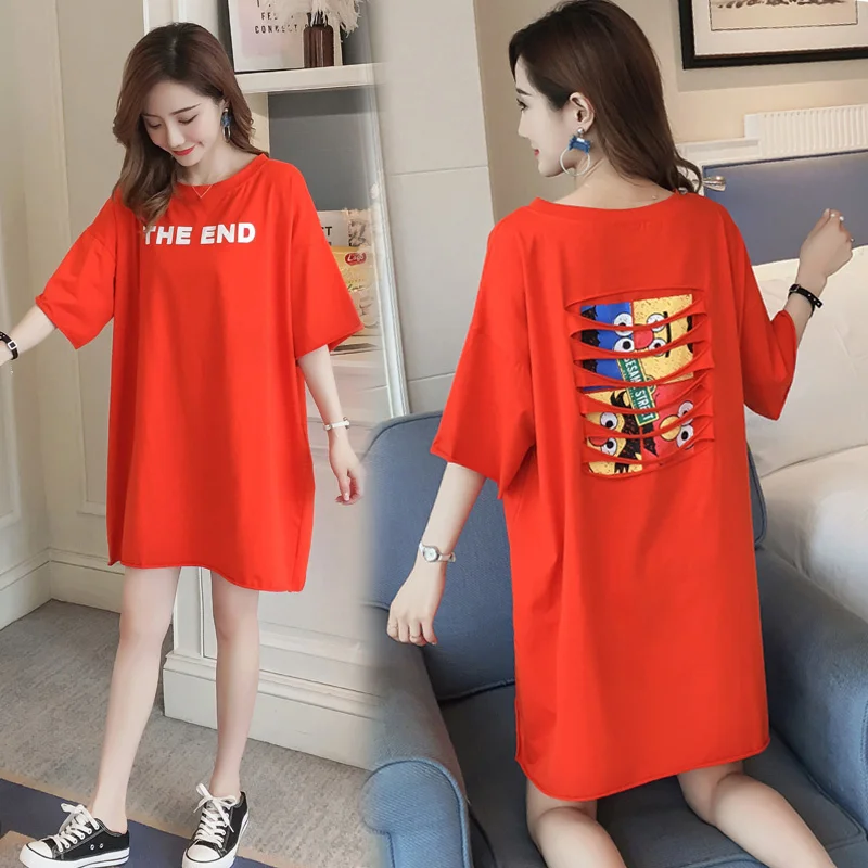 

#2310 Red Sexy Cotton Mini Dresses Women Short Sleeve O-neck Dresses Ladies Korean Style Loose Printed Tshirt Dress Streetwear