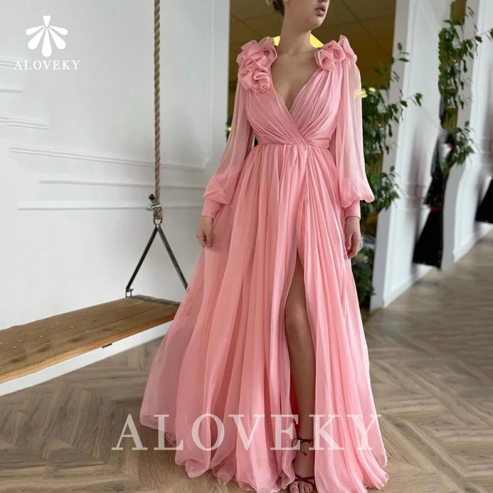 

Long Sleeve Floor-length Dress Pink Tulle Elegant Long Evening Dresses for Women Party Side Split Prom Gown Night Women's 2021