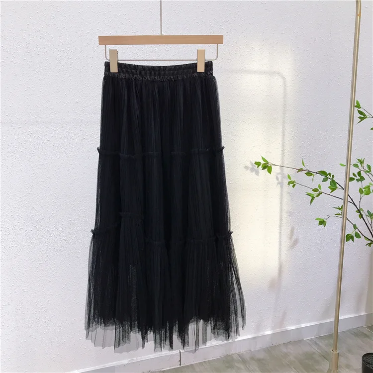 

TVVOVVIN Spring New Female Mesh Mid-length Skirt Solid Color Spliced High Wais Pleated A-line Skirt TQ0D