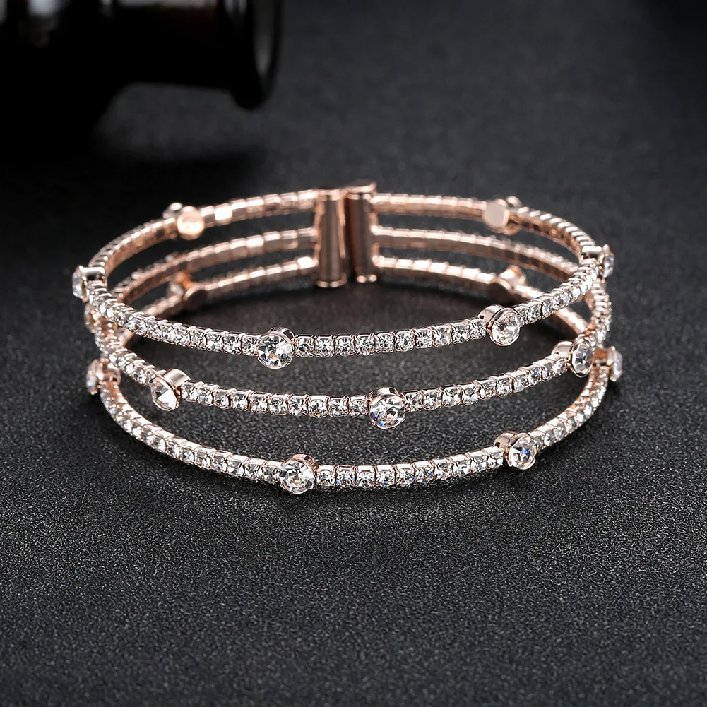 

FUN-BEAUTY Korean Simple Rose Gold Women's Bracelet Luxury Zircon Inlaid Elastic Metal Open Bracelet Bracelet Jewelry